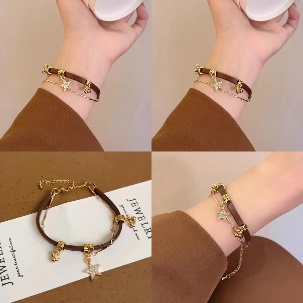 Leather Elegant Coffee Star Bracelet For Women Trendy Artistic Accessory Winter