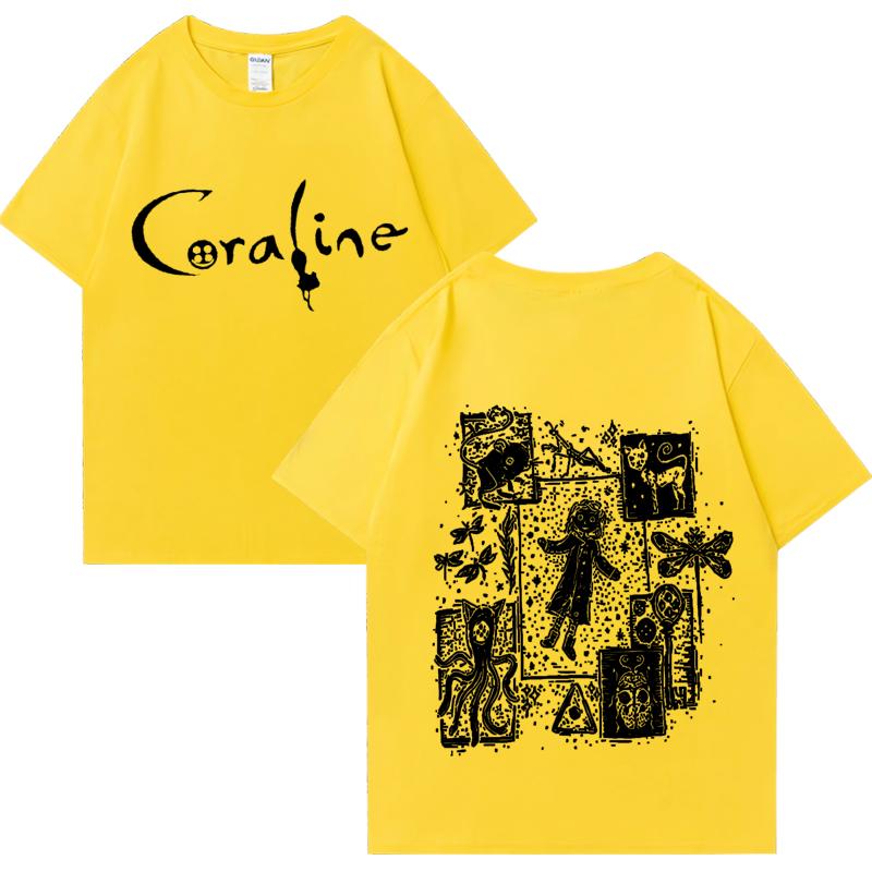 

Жіноча вінтажна футболка з графікою фільму Coraline, модна вінтажна вулична футболка, великі розміри, 100% поліестер, короткі рукави XXL жовтий