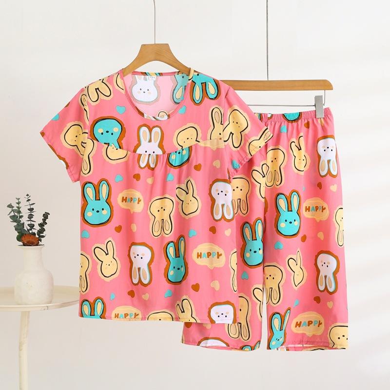 Summer Short-sleeved Home Wear Set, Women's Thin Round-neck Top, Shorts, Two-piece Loose Pajamas