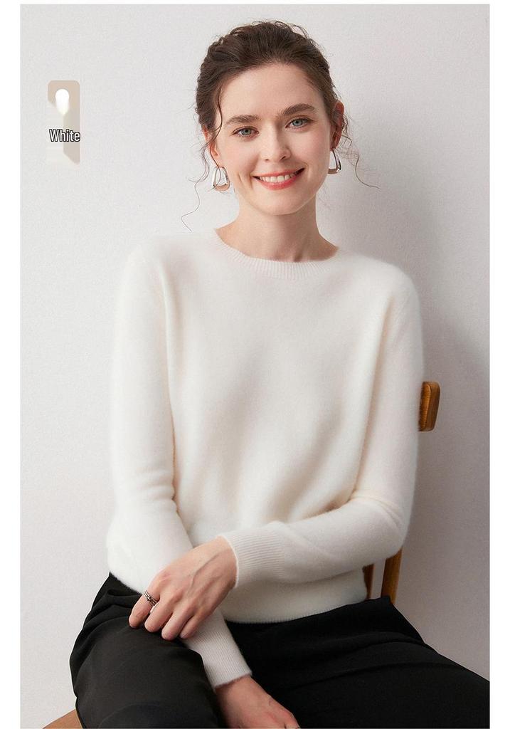 Pull en tricot uni à col rond 100 % cachemire pour femme