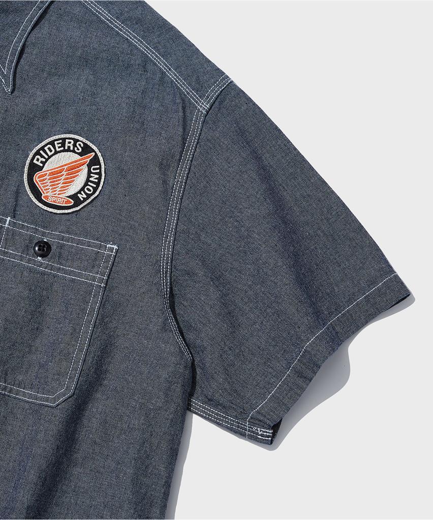OUTSTANDING Wappen Chambray Work Half Shirt_D.Blue