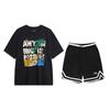 Round Neck Printed Short Sleeve T-Shirt Breathable Competition Mid Waist Five Point Shorts Casual Sports Set AHSU707-1+YAPV001-1