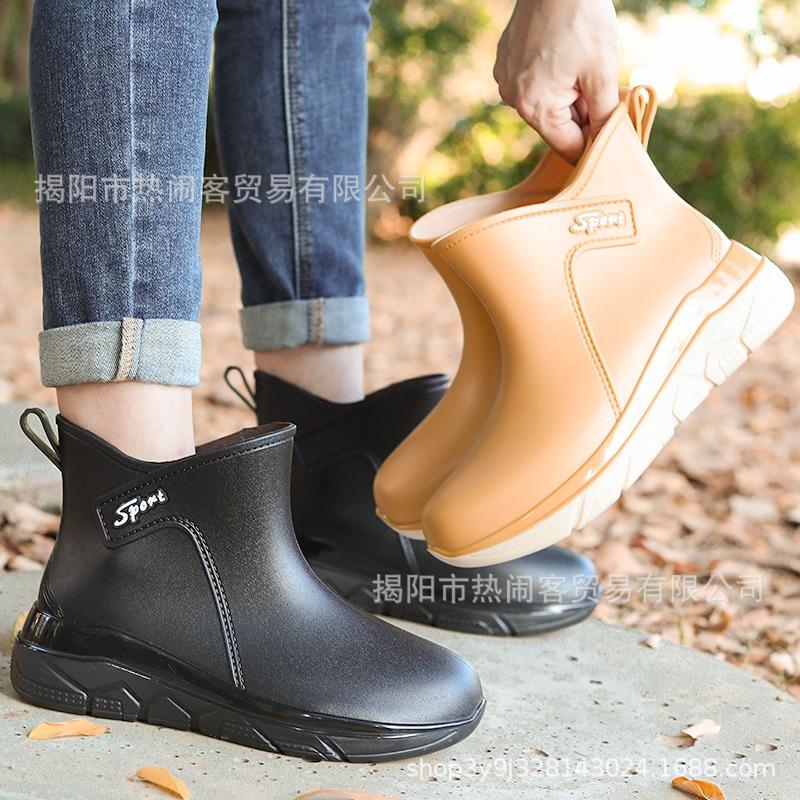New fashion rain boots women's short and medium tube velvet thermal shoes light-colored women's thickened flat rain shoes rubber shoes