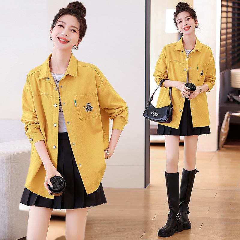 2024 Spring & Fall Women's Embroidered Denim Shirt - Brushed, Washed Cotton, Loose Casual Mid-Length Jacket