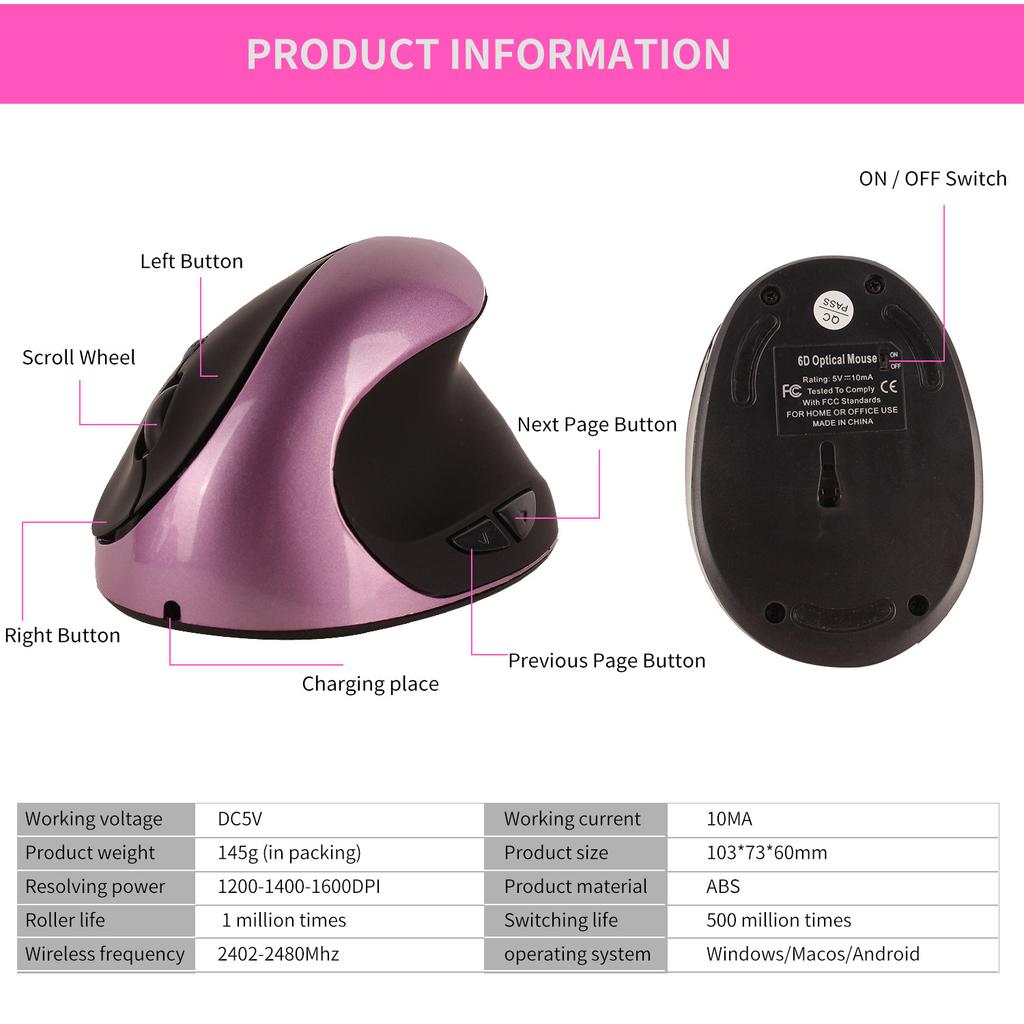 Wireless Charging Vertical Mouse Ergonomics Wireless Upright Photoelectric Built-in Lithium Battery Charging Mouse