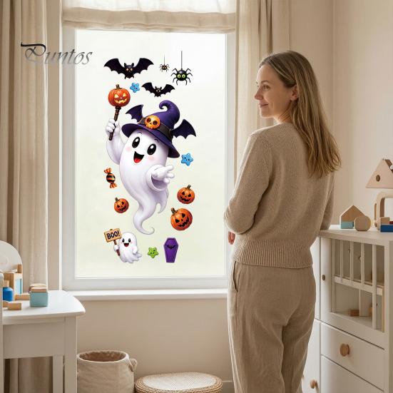 Festive Party Glass Supplies Halloween Witch Hat Ghost Window Clings, Spiders Bat Pumpkin Spooky Removable Stickers for Home Holiday Store Decoration