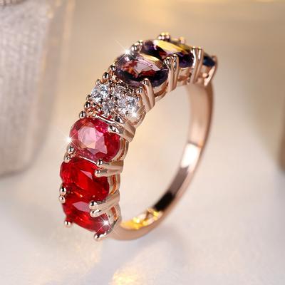 Sieviešu ovāli sarkani purpursarkani zili cirkona gredzeni izsmalcināti rozā zelta krāsā kāzu gredzeni ballīšu rotaslietas dāvana