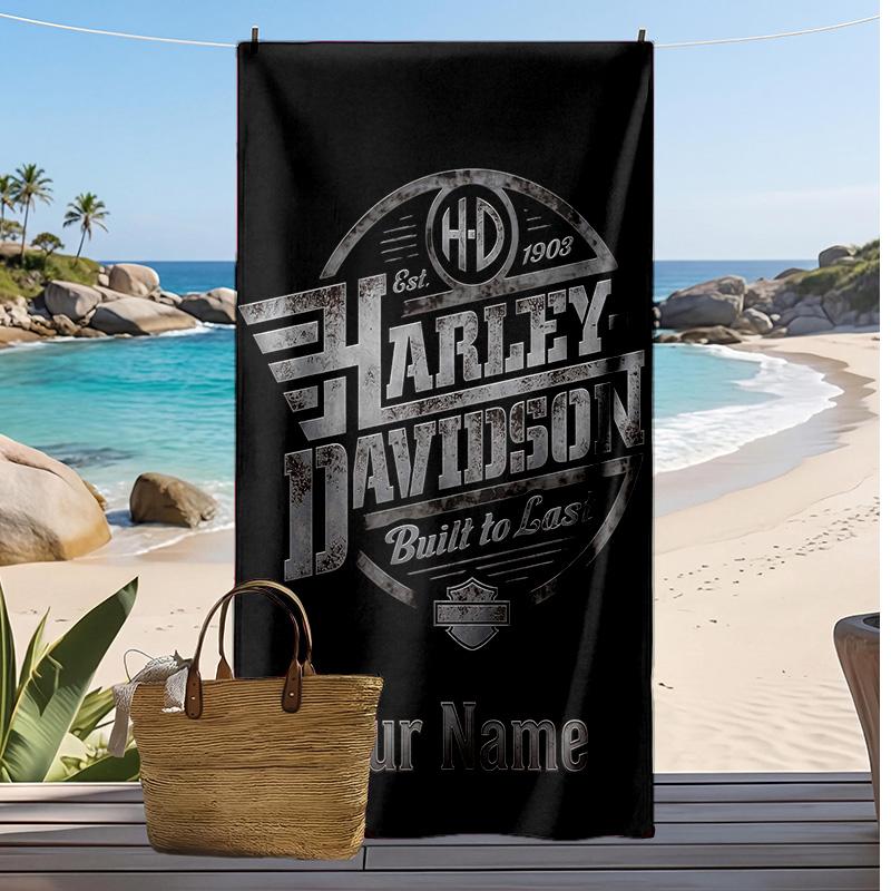 Asciugamano da Spiaggia Personalizzato Harley-Davidson, Stampa il Tuo Nome Testo Asciugamano Leggero Assorbente per Nuoto Viaggio