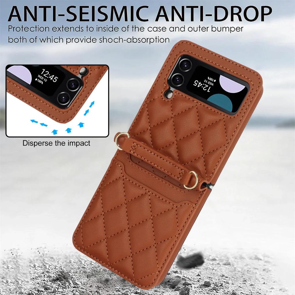 Lanyard Cards Solt Leather Wallet Case For Samsung Galaxy Z Flip 6 5 4 3 5G Flip5 Flip6 Purse Bag Crossbody Strap Pocket Cover