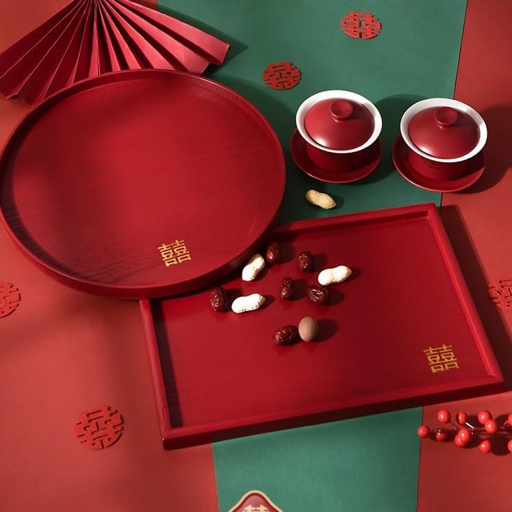 Serving Tray Chinese Wedding Candy Tray Tea Tray Toast Cup Tray Red Festive Wedding Decoration Tray Food Serving Tray(B)