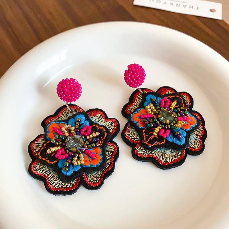 Silver Needle Fabric Flower Glass Fringed Earrings Medium Antique Temperament Stud Earrings Design Sense Niche Earrings