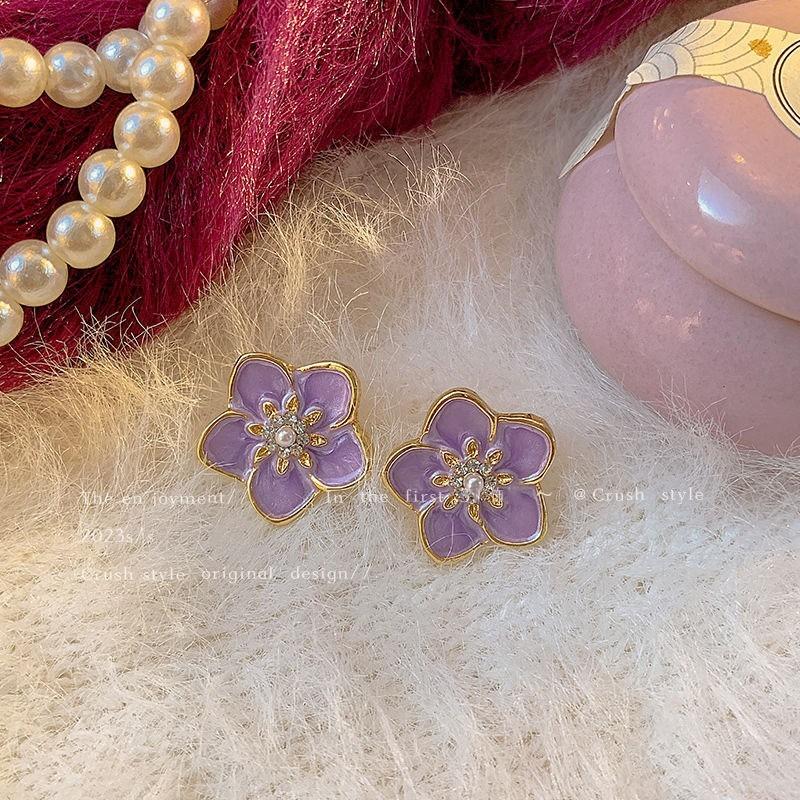 Lavender Purple Flowers Stud Earring for Women Simple Enamel Crystal Rhinestone Personality Jewelry Girl Gift