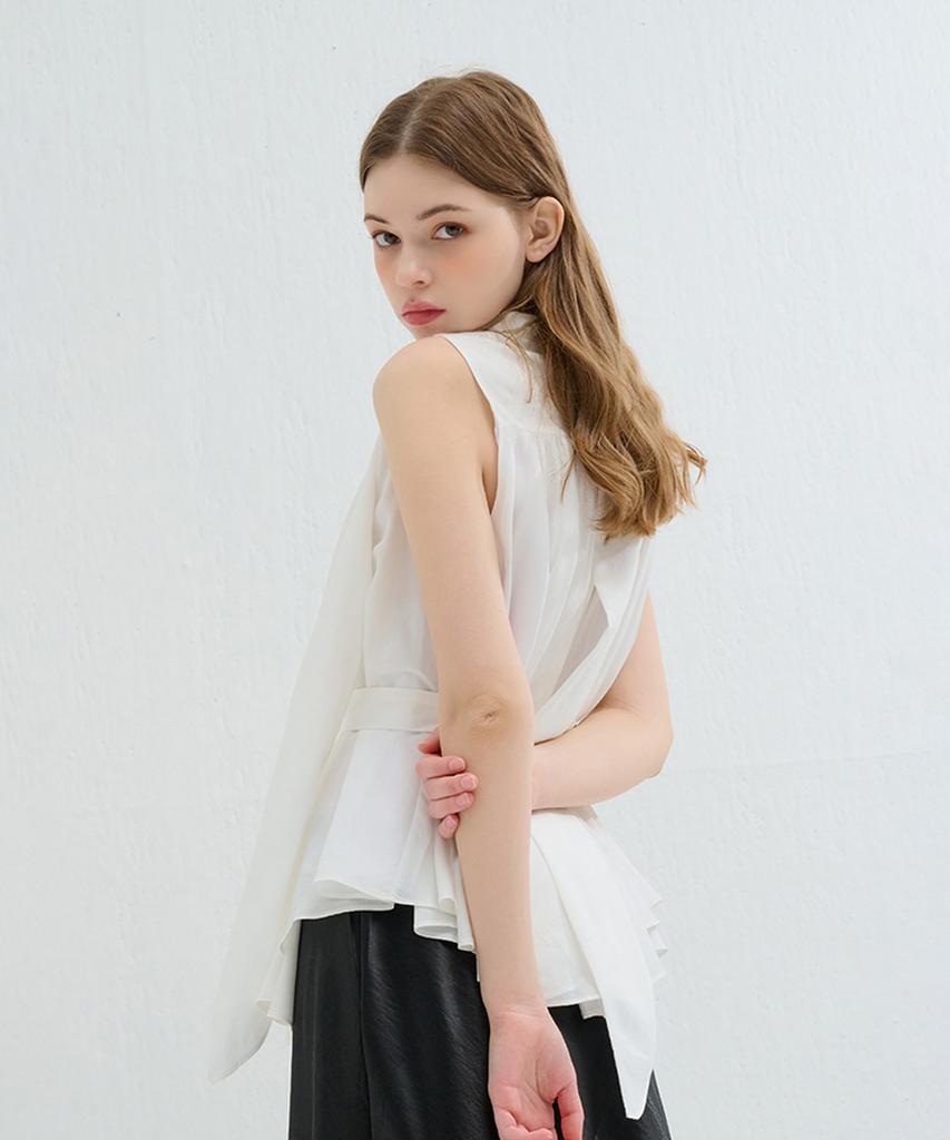 Kamino Tie Shirred Sleeveless Blouse White