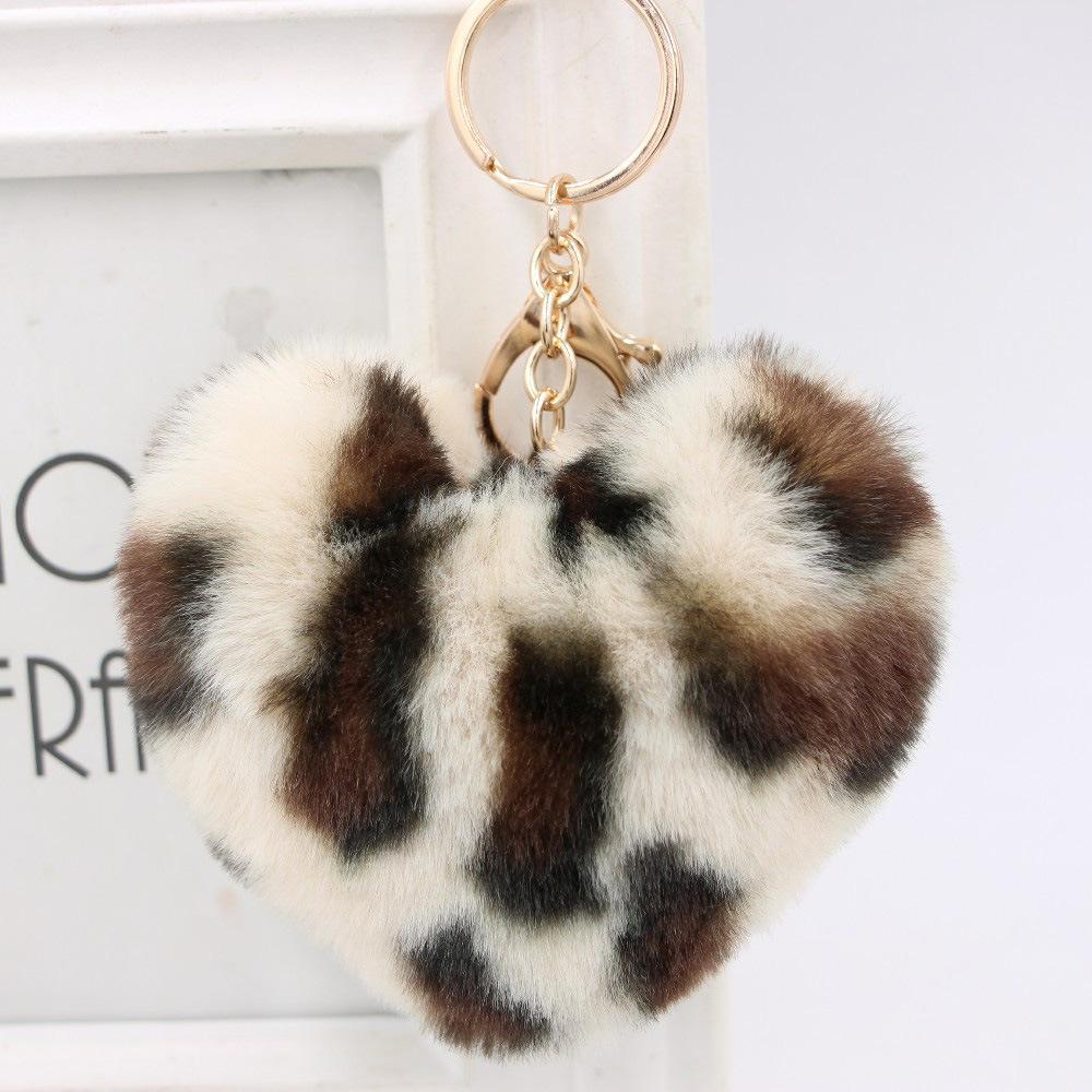 Fashion Leopard Fluffy Ball Key Chain Fur Plush Love Heart Keychain Car Key Ring Bag Pendant Jewelry Accessories Gift