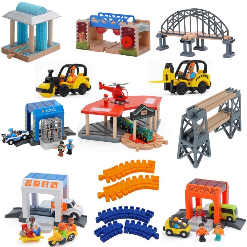 Car Wash Rail Car Set Train Scene Children Fire Station Police Station Simulation Toy  Station Bridge Wooden Train Tracks Toys