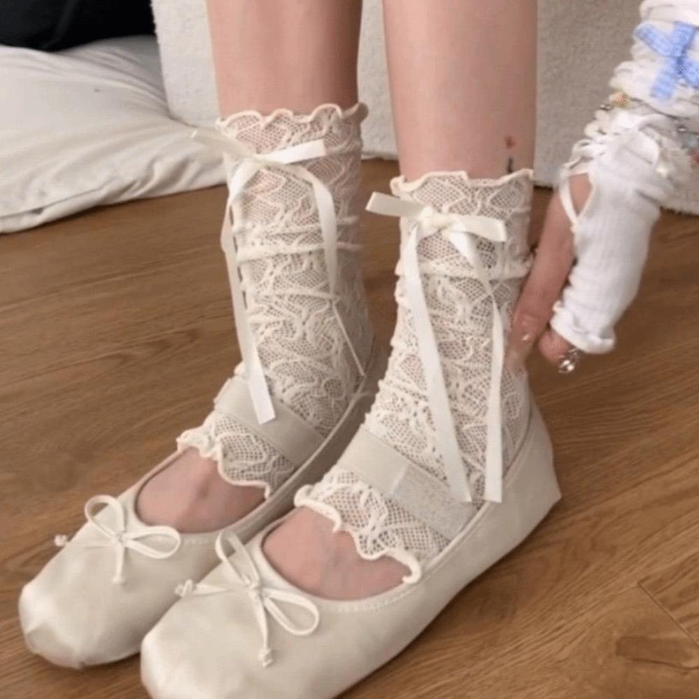 Floral Bowknot Lace Calf Socks Ruffle Lace Stockings Cute Mesh Fishnet Socks Summer Season абрикосовый