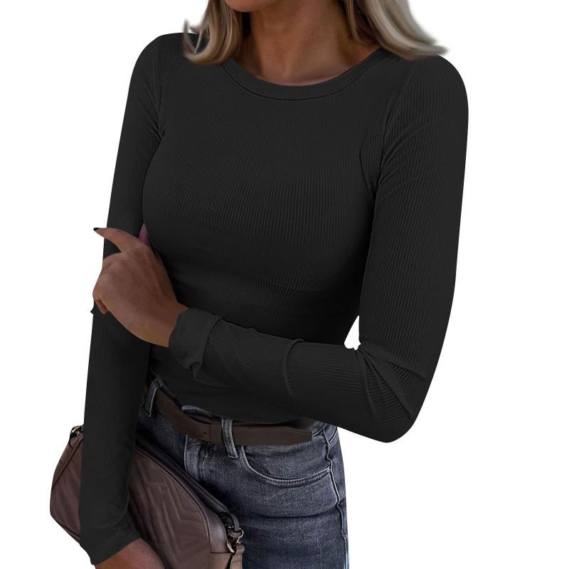 Women's Ribbed Knit Crew Neck Long Sleeve Form-Fitting Top