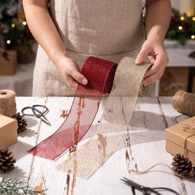 2.5in Wide Christmas Tree Decorations Wavy Binding Metallic Mesh Ribbon Wreath Ribbon DIY Crafts