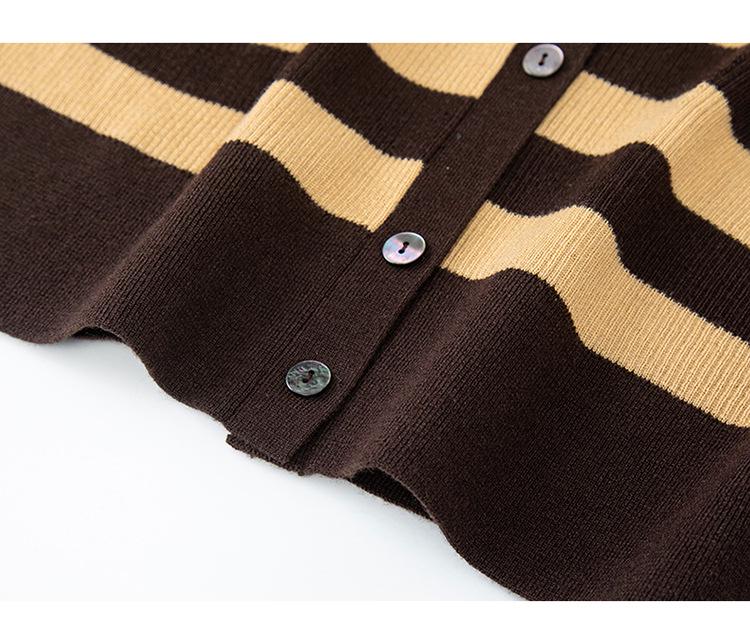 Color Block Striped V-Neck Slimming Knit Women's Cardigan, New Autumn Style, Merino Wool Silk Blend