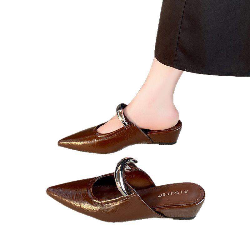 Half slippers women's summer wear soft-soled pointed Muller shoes tide 2025 French metal buckle wedge sandals heighten Baotou