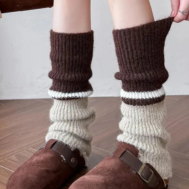 New Vintage Thickened Warm Leg Warmers Y2k Women Color Block Wool Knitted Long Socks Stacking Boot Cuffs New Design 2026