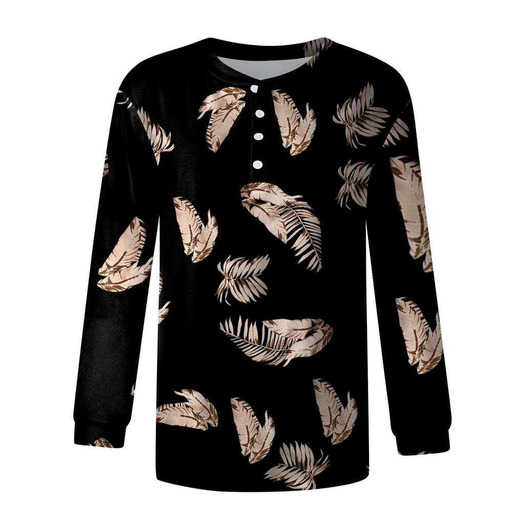 Women's New Button Collar Fashion Retro Printed Long Sleeves T-Shirt Slim Top Casual Tops