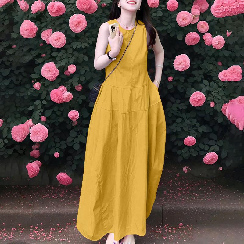 

ZANZEA Женское летнее повседневное платье с круглым вырезом, без рукавов, длинное 5XL жёлтый