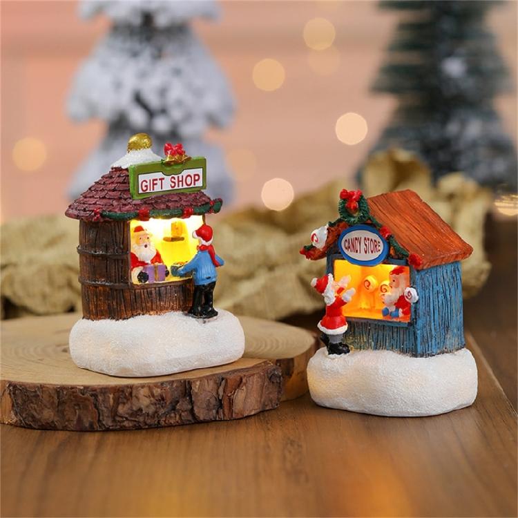 LED Light Up Christmas Ornament Resin House Shape Figurine Desktop Decoration Miniature Cottage Statue for Office