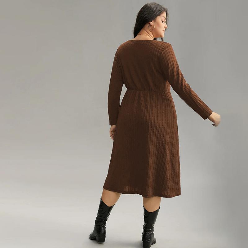 Plus Size Women Fashion V Neck Long Sleeve Solid Casual Commute Midi A Line Dress