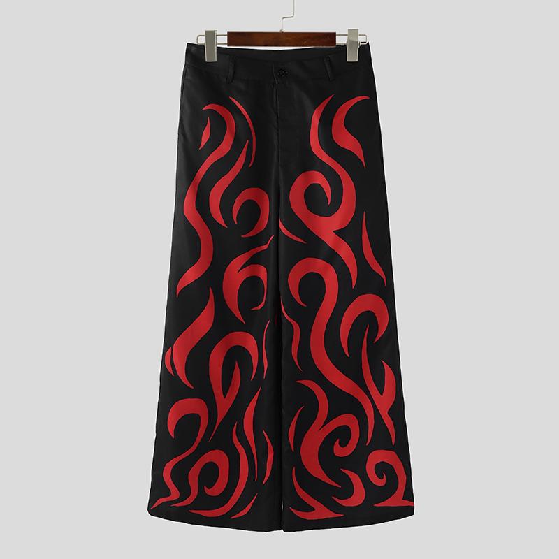 INCERUN Men Pants Casual Print Zipper Up Waist Wide Legs Long Trousers Pants