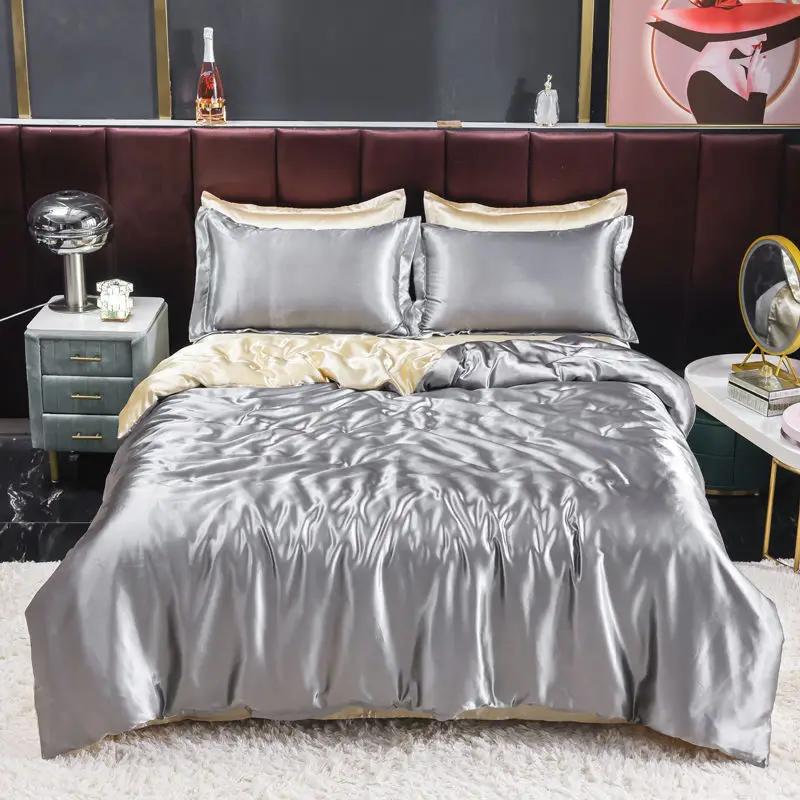 Nordic Satin Silk Bedding Set with Duvet Cover Bed Sheet Pillowcases Luxury Solid Single Double Couple Pillow Case Bedsheet