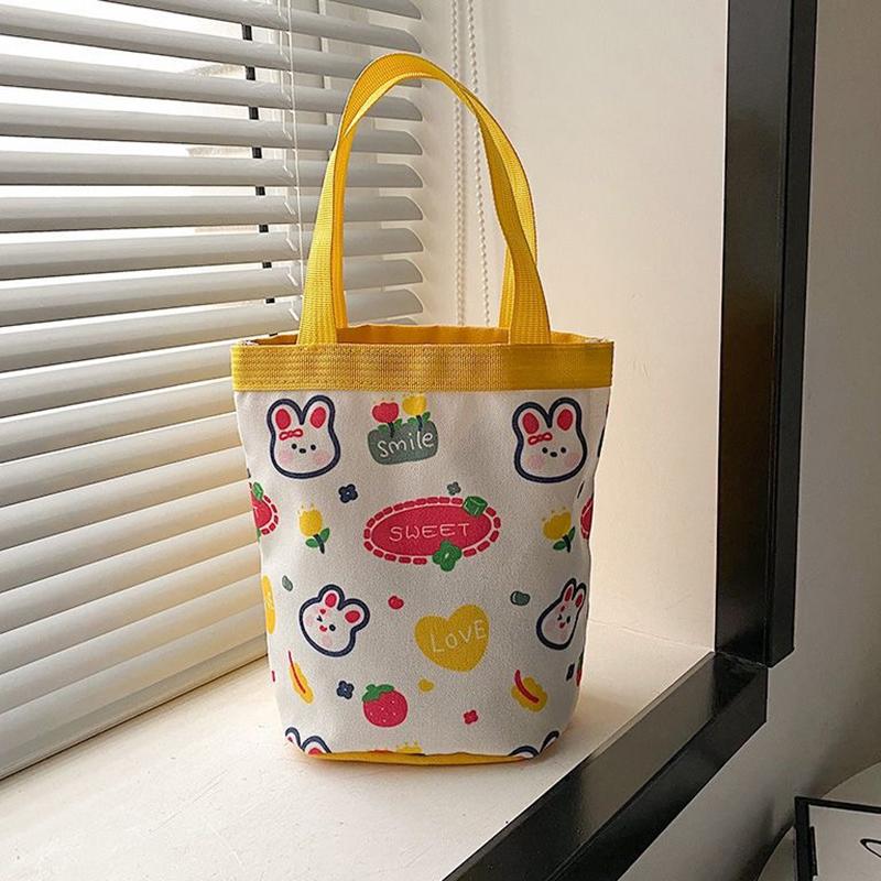 Geantă Găleată Graffiti cu Model Animal Drăguț Portabilă Geantă Cilindrică cu Inscripție Ins Geantă Canvas pentru Bento Geantă de Mână pentru Cutia de Prânz