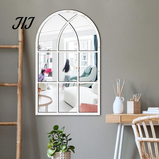 Arched Wall Mirror Stickers Window Decor, Wooden Frame Acrylic Fake Mirror, Minimalist Arch Self-Adhesive Windowpane Sticker for Living Room