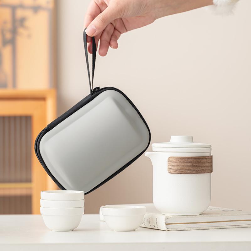 Portable Ceramic Travel Tea Set: Quick-Brew Pot & 4 Cups for Outdoor & Car Use, Simple Carry-Along Gift
