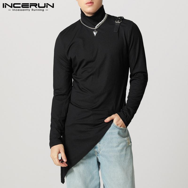INCERUN Men Turtleneck Long Sleeve Patchwork Irregular Thin Rib Tops Undershirts