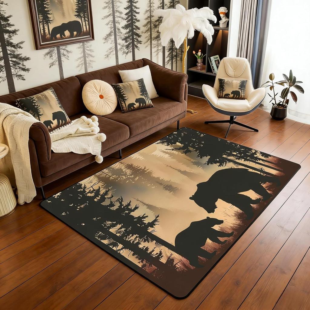 Erosebridal Farmhouse Deer Area Rug 5x7 for Living Room Camo Woodland Hunting Rugs for Bedroom Rustic Cabin Carpet Non Slip Wildlife Animal