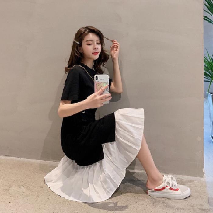 Locker sitzendes Umstandskleid im koreanischen Stil – zweiteiliges gespleißtes Design, über dem Knie lang, lässige Sommerkleidung