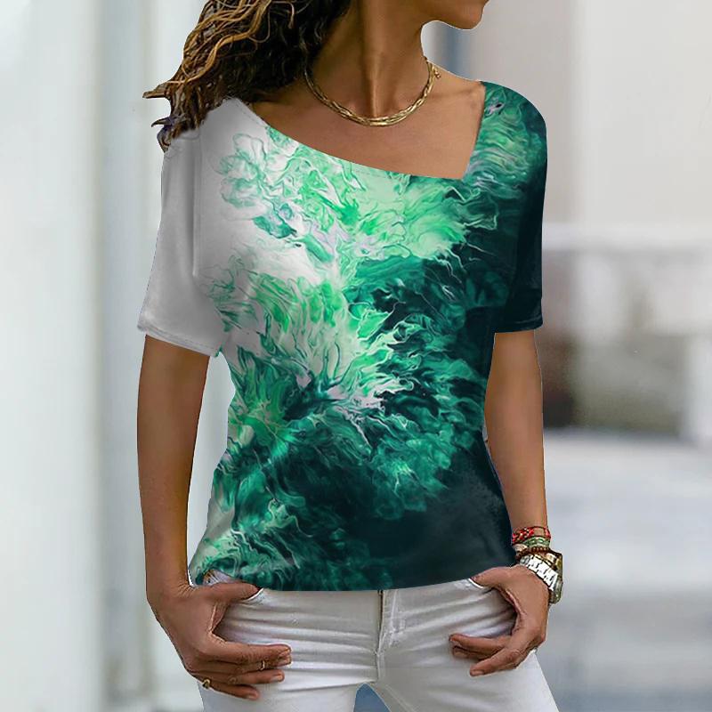 Women's Fashion  Printed Theme Abstract Geometric T Shirt V Neck Basic Tops Plus Size Shirt  Tops Summer   XS-8XL