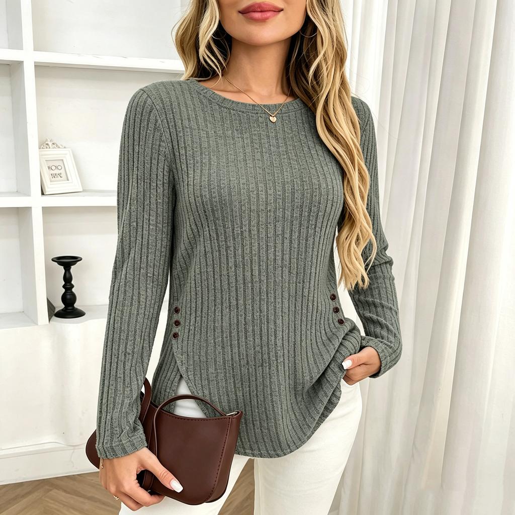Women Fashion Casual Ribbed Knit Round Neck Long Sleeve Button Detail Top Pullover Shirt Slim Fit Lightweight Soft Fabric