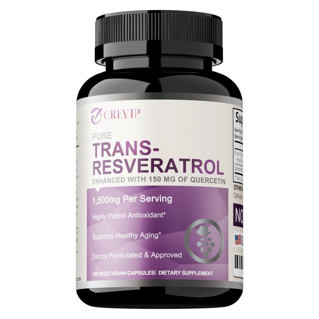 GREVIP Trans-Resveratrol Capsules, Containing Quercetin, 1500mg High Content, Nutritional Supplement, Suitable for Adults