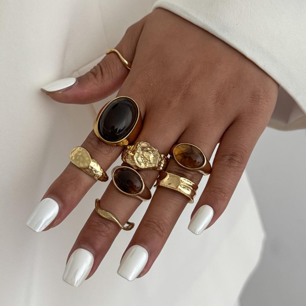 8pcs Set Personality Trend Smooth Surface Wrinkles Liquid Metal Acrylic Gemstone Open Rings for Men Women Designer Jewelry Sets