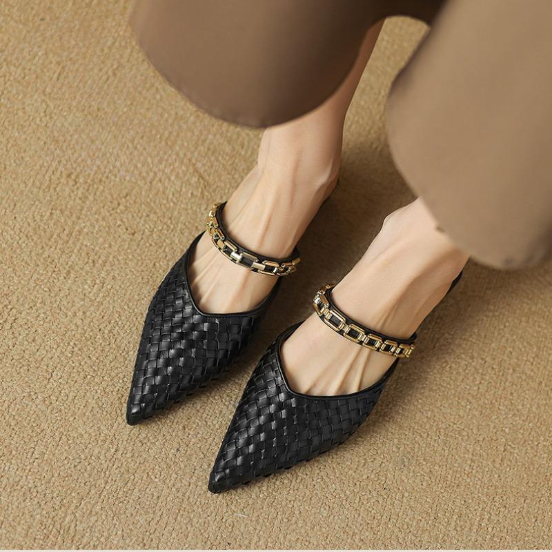 Pantoufles Mules Sandales 2024 Été Chaussures pour Femmes Talons Bas Luxe Femme Vêtements d'Intérieur Élégant Soirée Coréen Slingback Chaînes Métalliques