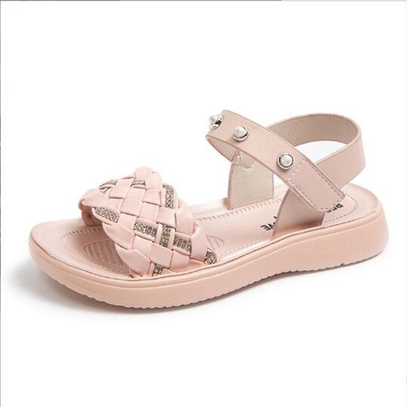

Girls Soft Soled Open Toe Pink Sandals Korean Toddler Woven Rhinestone Princess Shoes Girls Pearl Rivet Children S Shoe Outside 26