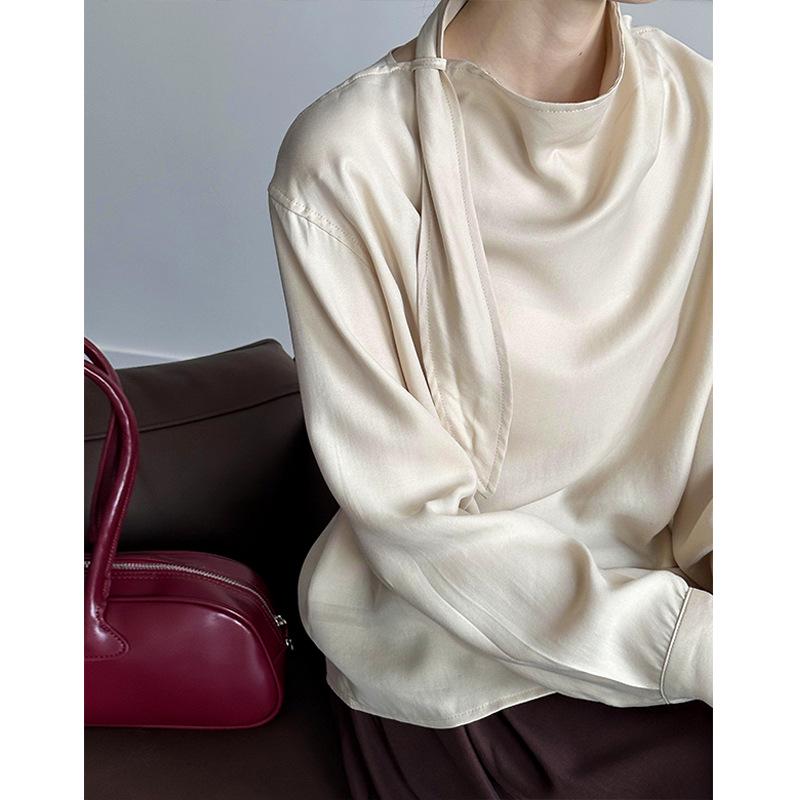 Ju Zhi 2024 Autumn Chic Slimming Irregular Drape Ribbon Shirt for Women 4533