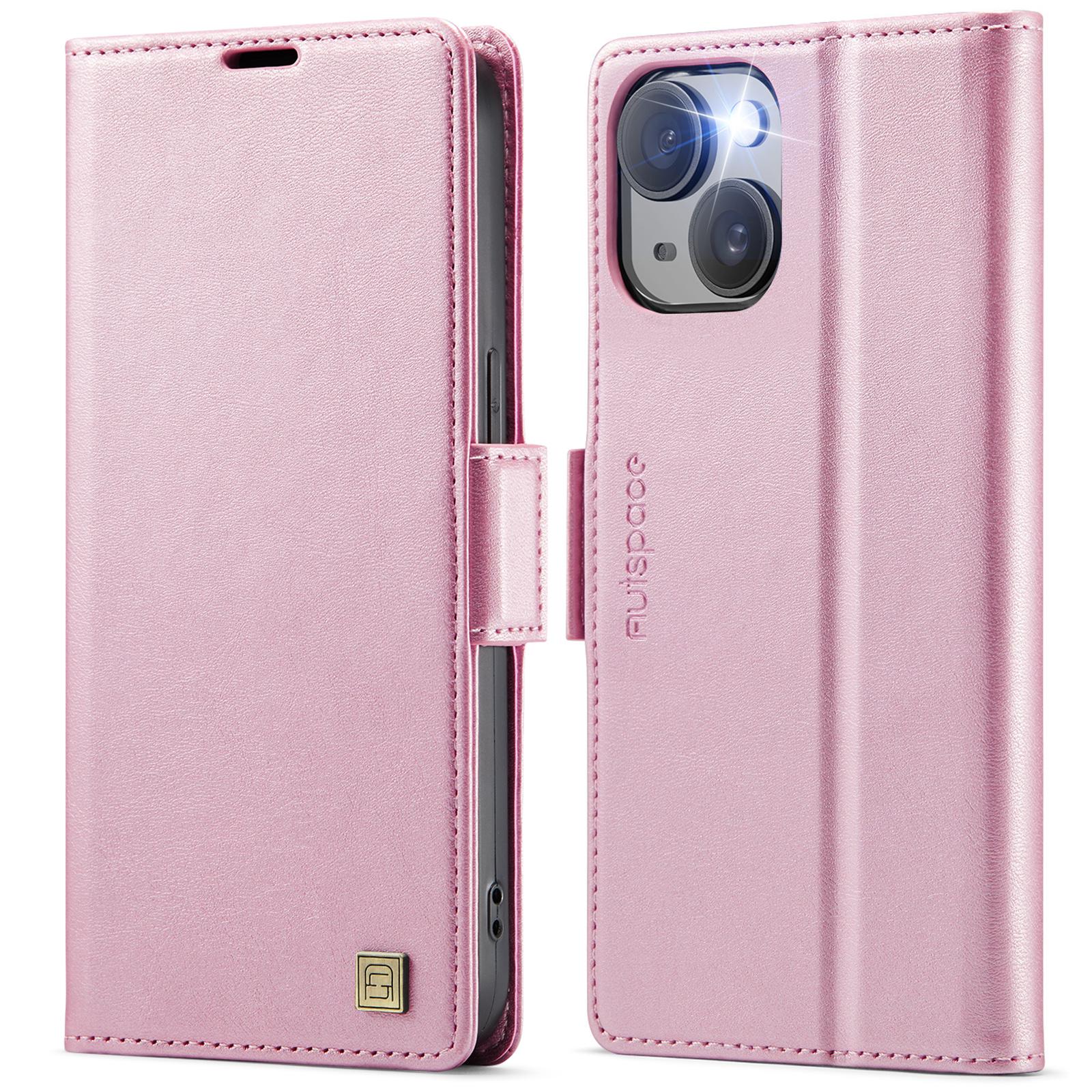 

For iPhone 14 Plus Case AUTSPACE A11 RFID Blocking Retro Leather Cell Phone Wallet Cover Pink
