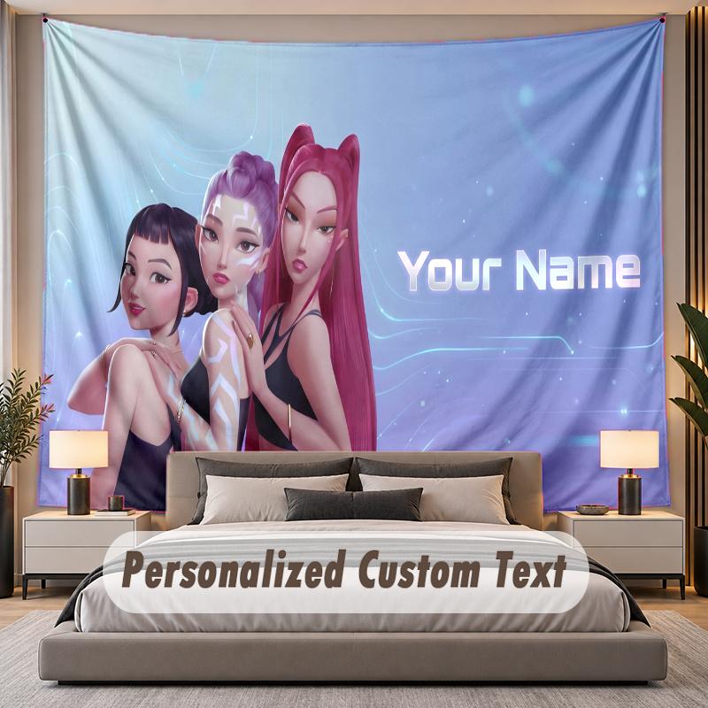 Custom Name Text Tapestry Kpop Demon Hunters Personalized Polyester Wall Tapestry For Bedroom And Room