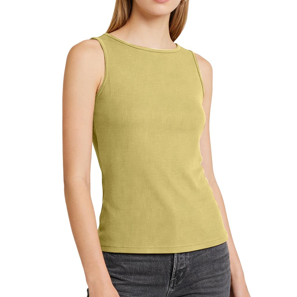 Women Wide Shoulder Padded Tank Top Round Neck Yoga Vest Ribbed Knit Undergarment Basic Layer Sleeveless Sportswear