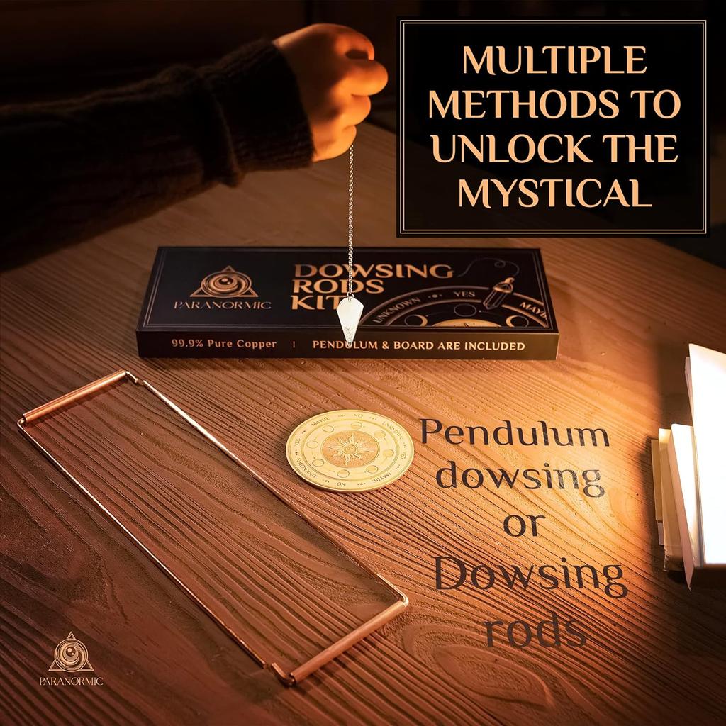 Dowsing Rods & Pendulum Divination Kit Set of 2 Real Copper L Rods, Quartz Pendulum, & Wooden Answer Board Spirit Rods To Find Water, Lost Objects