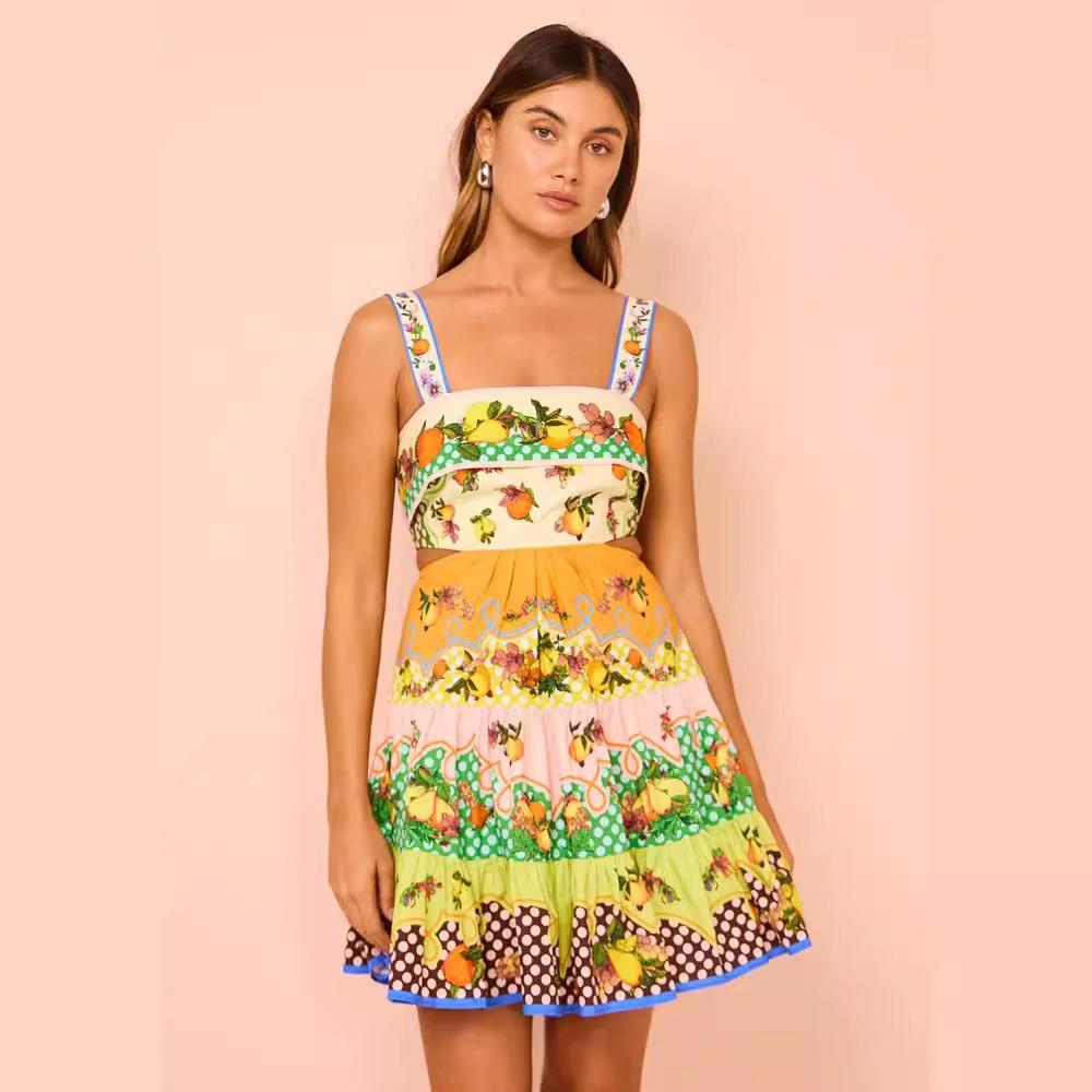Europe and America 2026 New Casual Fashion Printed Sleeveless Wrap Splicing Lace-Up Dress S