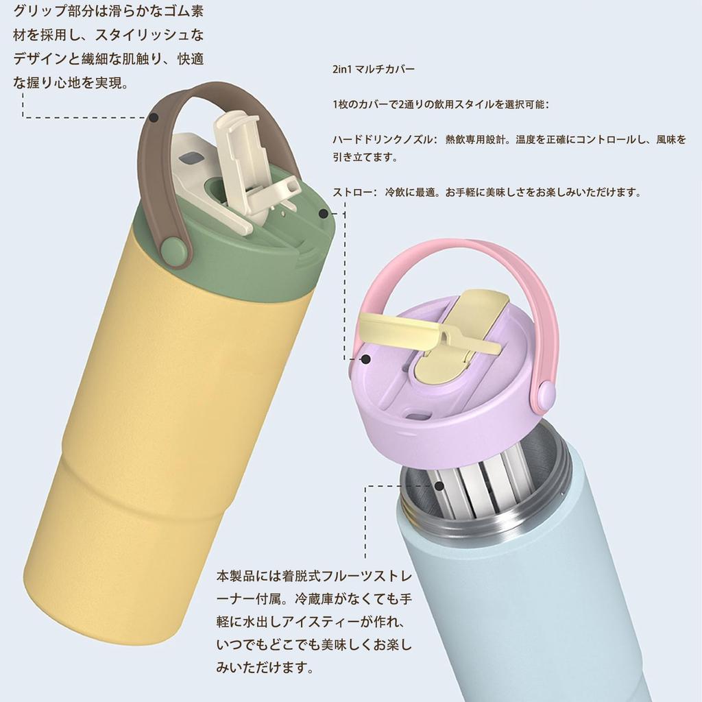 OULOVECO Water Bottle with Tumbler with Insulates Hot or Cold Direct Stainless Suitable for and Outdoor Use Straw, 650ml, Handle, Drinks, Portable,